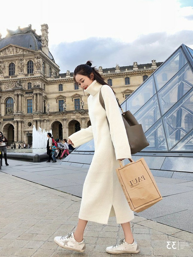 ニットワンピース 長袖ワンピース ハイネックワンピース ロング丈 無地 厚手 T Educaps Com Br