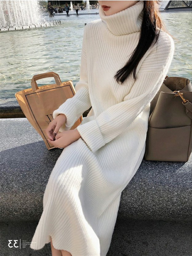 ニットワンピース 長袖ワンピース ハイネックワンピース ロング丈 無地 厚手 T Marcsdesign Com