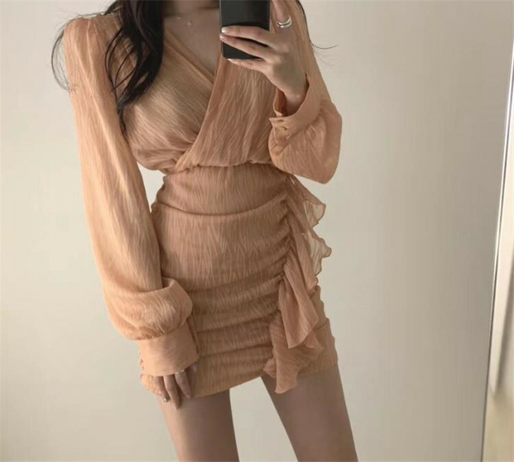 エレガント Vネック エレガント スリム 交差する タイトスカート ワンピース おしゃれ フリル 長袖 T Educaps Com Br