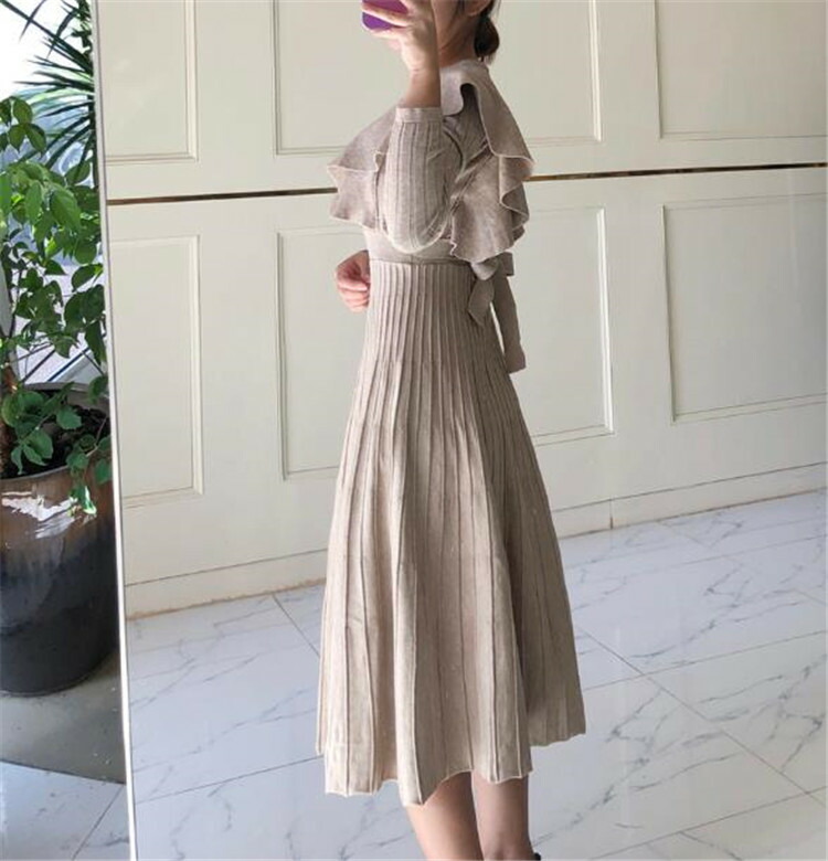 ラウンドネック 可愛い系 フリル ステッチ プリーツ ニットワンピース T Educaps Com Br