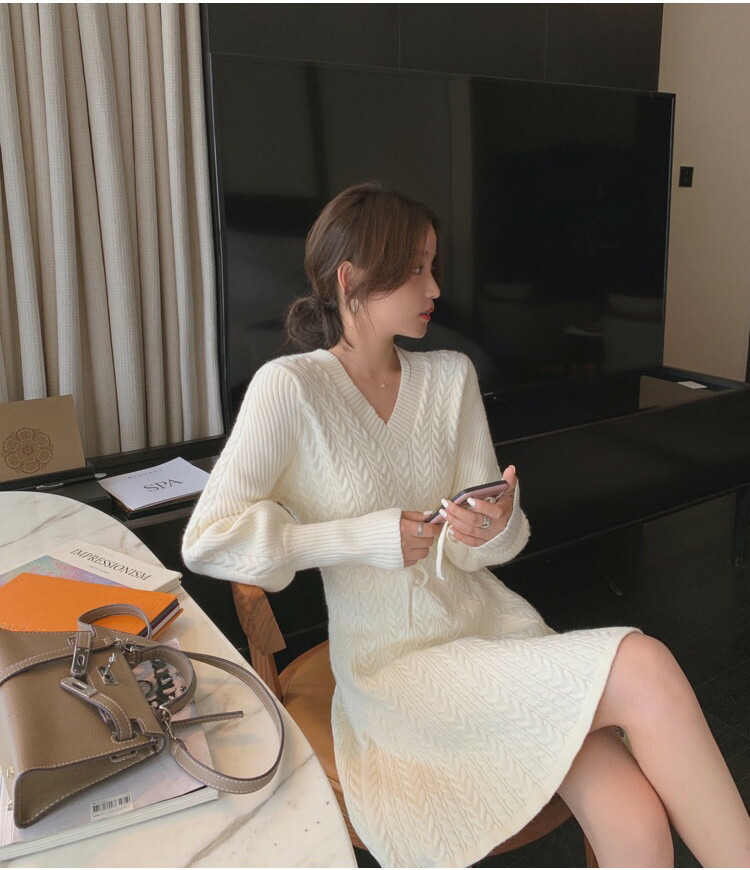 上品映え 可愛い系 長袖 ミニスカート 女性 ニット Vネック 長袖 Aライン ワンピース T Educaps Com Br