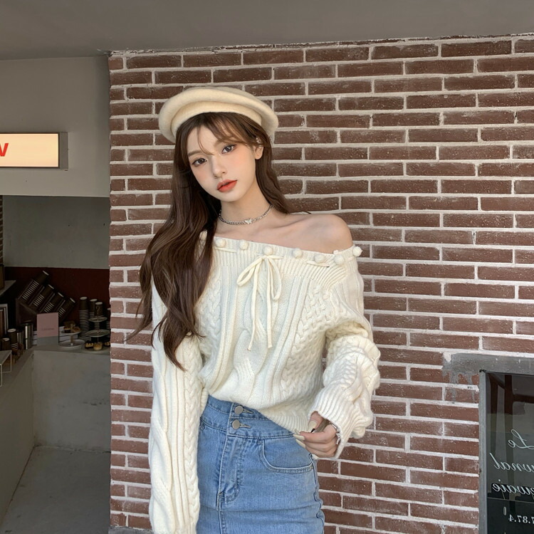 可愛い系 リボン オフショルダー 麻の花 セーター セクシー おしゃれ 上品映え T Crunchusers Com