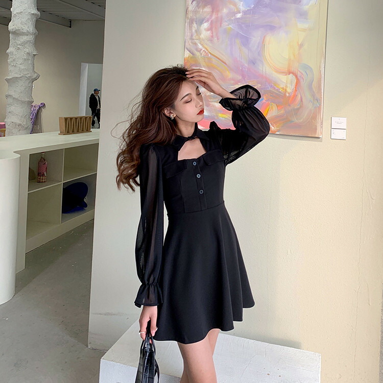 楽天市場 宴会場 結婚式 ワンピース ウエスト スリム ホロー ガーゼスリーブ 長袖 リトルブラックドレス T グリンファクトリー