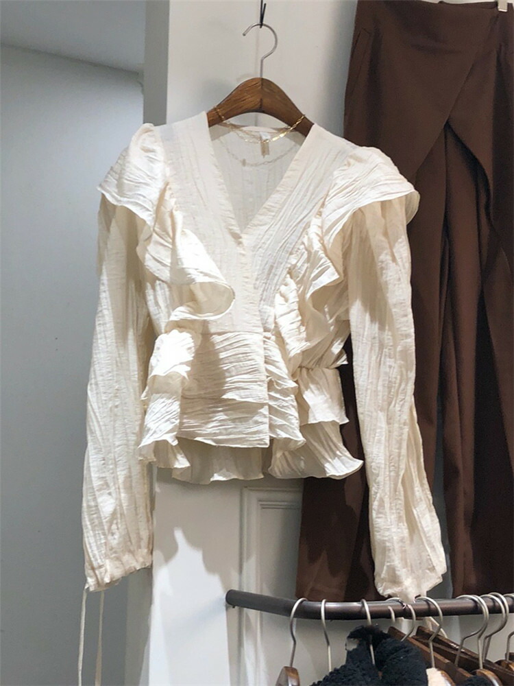 大人女子の普段着コーデに使え Vネック フリル ハイウエスト 長袖 シャツ 可愛い系エレガント T Marcsdesign Com