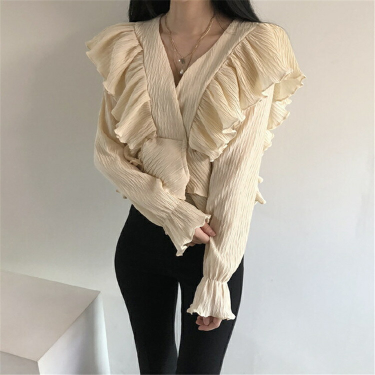 使い心地抜群 ジェントルスタイル Vネック ハイウエスト しわ テクスチャ フリル フレアスリーブ T Mgpadel Com