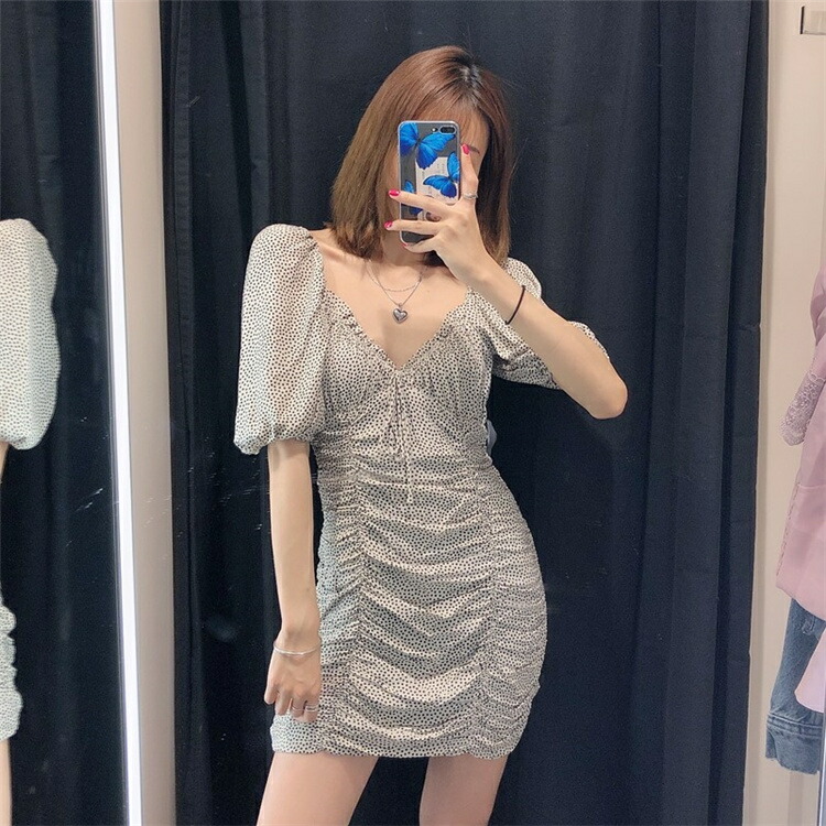 フレンチスタイル Vネック パフスリーブ スリムフィット ドット プリーツ ワンピース T Occasion00 Fr