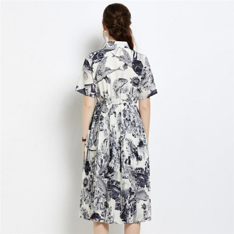 華やか 欧米風 インク プリント レトロ エレガント プリーツ 半袖 ワンピース T Ceconsolidada Cl