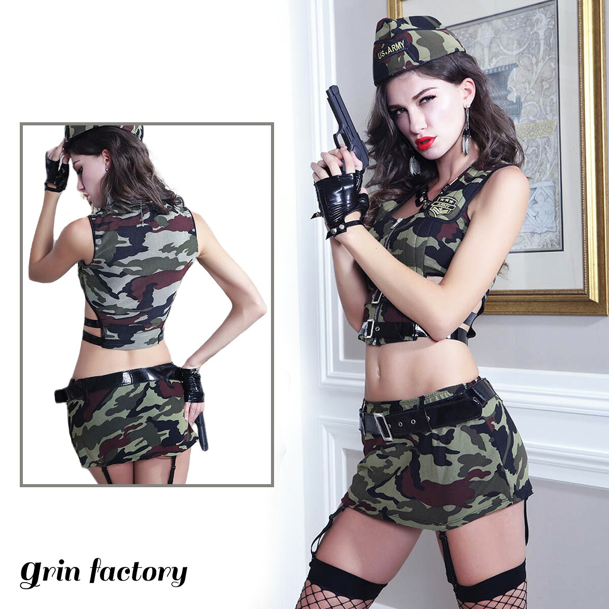 【10％OFFクーポン有★17日9:59迄】迷彩服 コスプレ 全身 セット 網タイツ ミリタリー 軍服 制服 セクシー かっこいい 迷彩柄 アーミー カモフラ レディース エロい アーミーガール ミリタリーガール コスチューム スワット ポリス 服 サバゲー ハロウィン 衣装(Q)