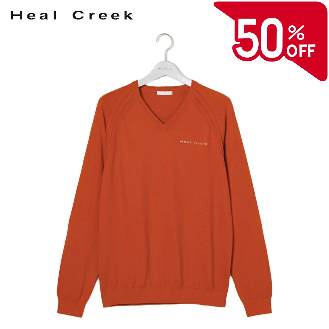 【50％OFFセール】Heal Creek ニット 長袖 セーター ヒールクリーク カシミヤブレンド Vネック 左胸ロゴ刺繍 後ろ衿モチーフ刺繍 袖リブ スポーティ メンズ メンズウェア ゴルフ 高級 ラグジュアリー ゴルフウェア スポーツウェア アウトドア 秋冬 オシャレ オレンジ