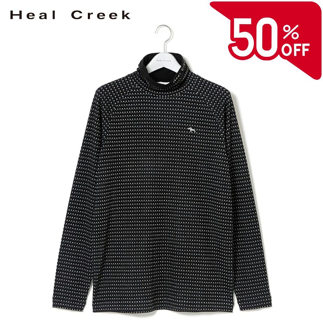 【50％OFFセール】Heal Creek ニット 長袖 セーター タートルネック ヒールクリーク MILLION HOT Eco スクエア ドット 左胸ヘンリー刺繍 衿ロゴ刺繍 メンズ メンズウェア ゴルフ 高級 ラグジュアリー クラシック ゴルフウェア スポーツウェア アウトドア 秋冬 ブラック 50｜GRIP ONLINE STORE 店