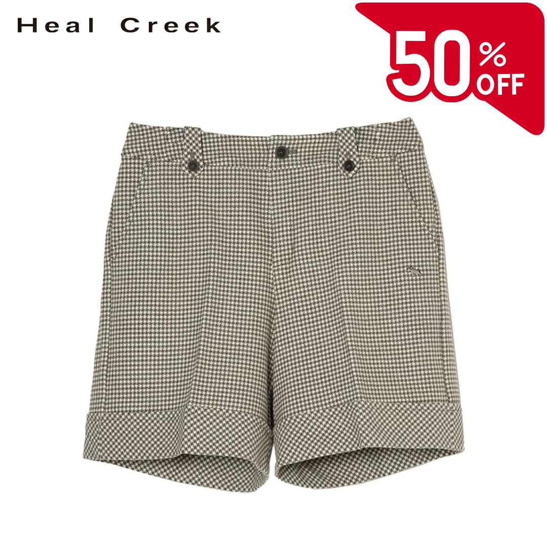 【50％OFFセール】Heal Creek パンツ ハーフ丈 半ズボン ヒールクリーク レーヨン 起毛 総柄 ストライプ 千鳥格子 右前ヘンリー刺繍 ポケット ベルトループ レディース レディースウェア ゴルフ 高級 ゴルフウェア スポーツウェア アウトドア 秋冬 ストレッチ ブラウン 40