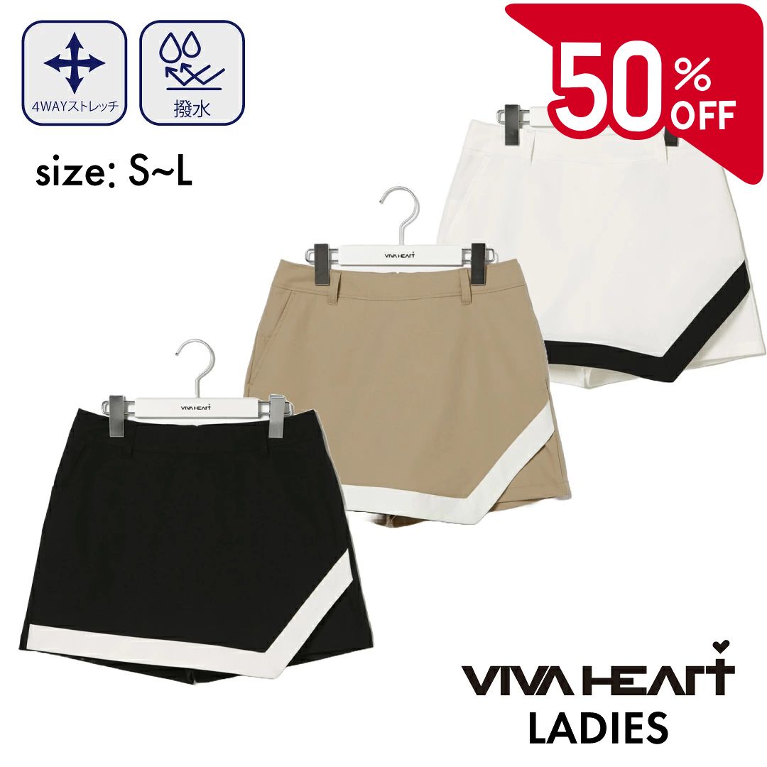【2点購入で5%OFFクーポン対象】【50%OFFセール】VIVA HEART ショーツ ツイルデザインショーツ ビバハート 切替 アシンメトリー 撥水 ストレッチ レディース モード ゴルフ ゴルフウェア スポーツウェア ホワイト ブラック ベージュ 撥水 4WAY ストレッチ S M L