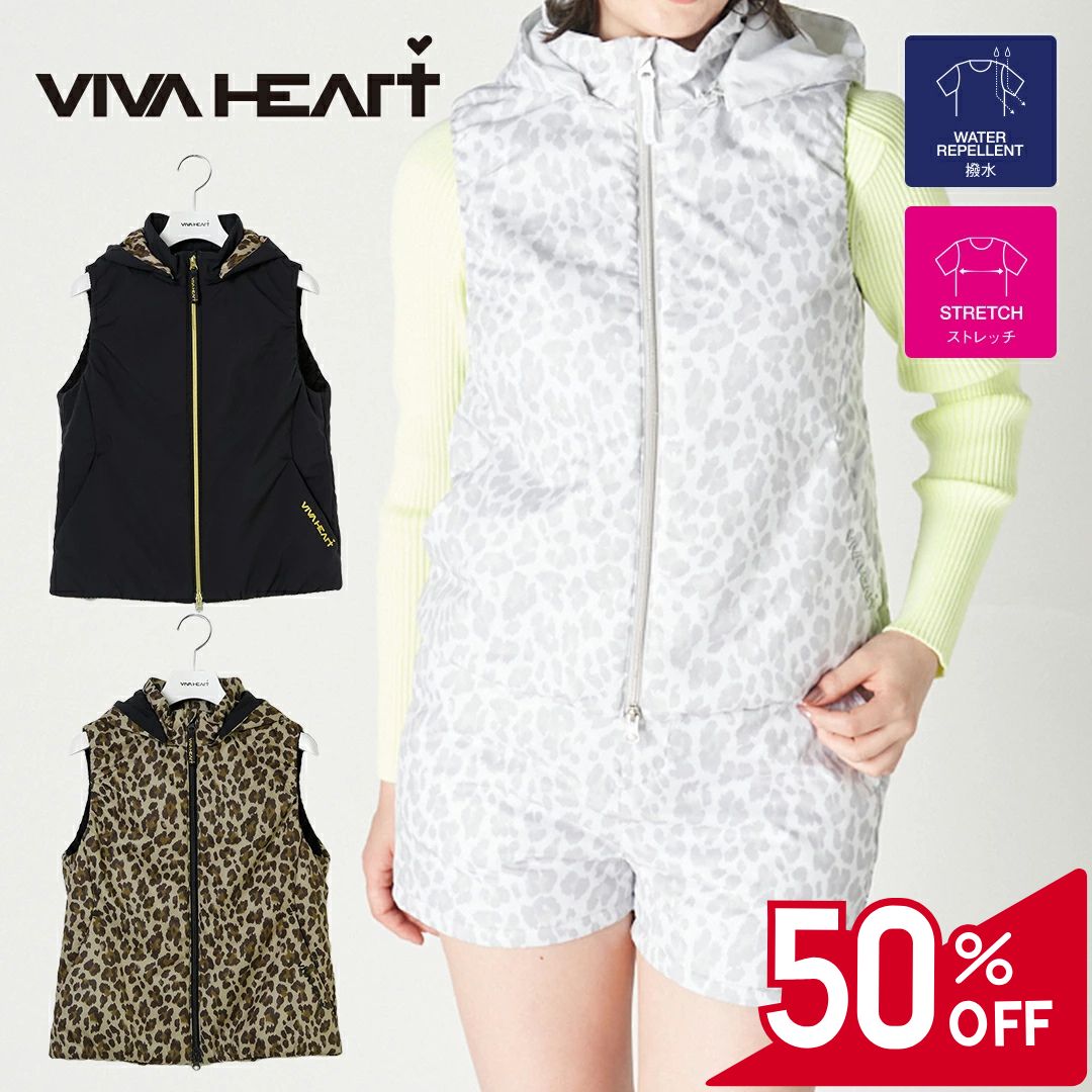 【50％OFFセール】VIVA HEART ベスト ブルゾン ビバハート 中綿 裏起毛 無地 レオパード ZIP フード ポケット ロゴ刺繍 レディース レディースウェア ゴルフ 高級 ゴルフウェア スポーツウェア アウトドア 秋冬 保温 撥水 ストレッチ 快適機能裏地 グレー ブラック 40 42