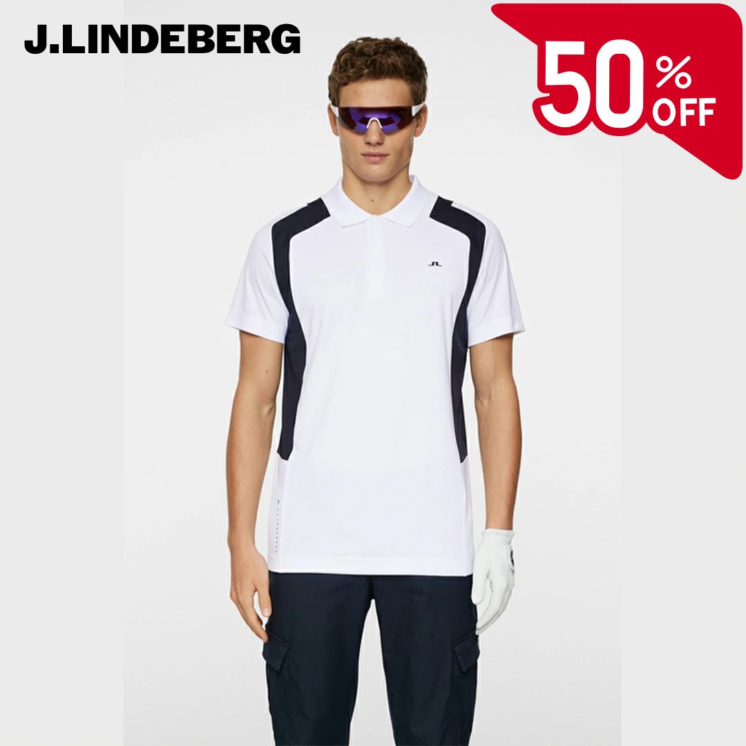 【50％OFFセール】J.LINDEBERG ポロシャツ 半袖 ジェイリンドバーグ 無地 ニット襟 カラーパネルブロック ブリッジロゴ シリコンロゴ メンズ メンズウェア ゴルフ 高級 ゴルフウェア スポーツウェア アウトドア 春夏 4wayストレッチ 速乾性 ホワイト 48 セール