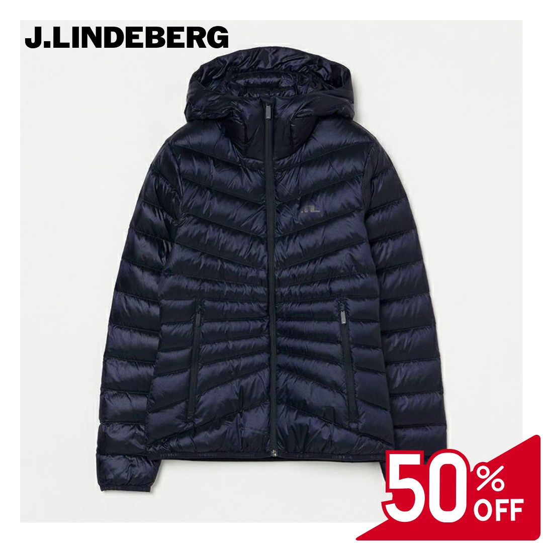 【50％OFFセール】J.LINDEBERG ブルゾン 長袖 ダウン ジャケット アウター ジェイリンドバーグ キルティング ZIP フード パイピング ロゴプリント レディース レディースウェア ゴルフ ゴルフウェア スポーツウェア アウトドア 秋冬 撥水 防風 ネイビー 36 40