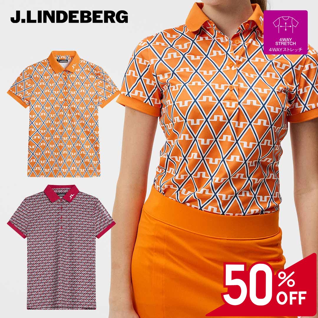 【50％OFFセール】J.LINDEBERG ポロシャツ 半袖 ジェイリンドバーグ シーズン柄プリント 袖ロゴ刺繍 リブ襟 前立て ボタン レディース レディースウェア ゴルフ 高級 ラグジュアリー ゴルフウェア スポーツウェア アウトドア 秋冬 4wayストレッチ 速乾性 オレンジ ピンク 44 7,227円