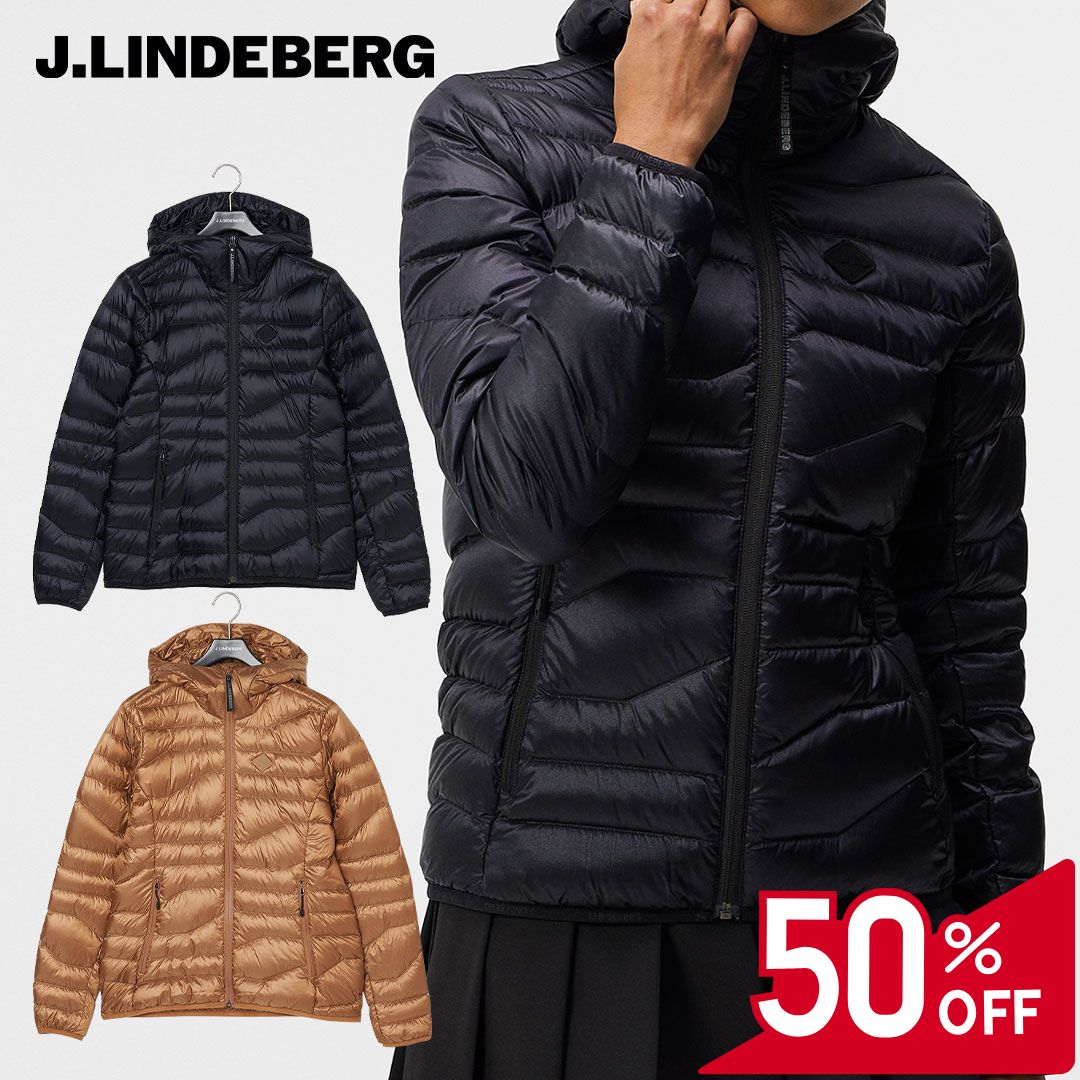 【50％OFFセール】J.LINDEBERG ジャケット 長袖 ダウン アウター 軽量 ジェイリンドバーグ 左胸ロゴ フードロゴ 無地 ZIP フード ナイロン フェザー レディース レディースウェア ゴルフ ゴルフウェア スポーツウェア アウトドア 秋冬 撥水加工 PFCフリー加工 36｜GRIP ONLINE STORE 店