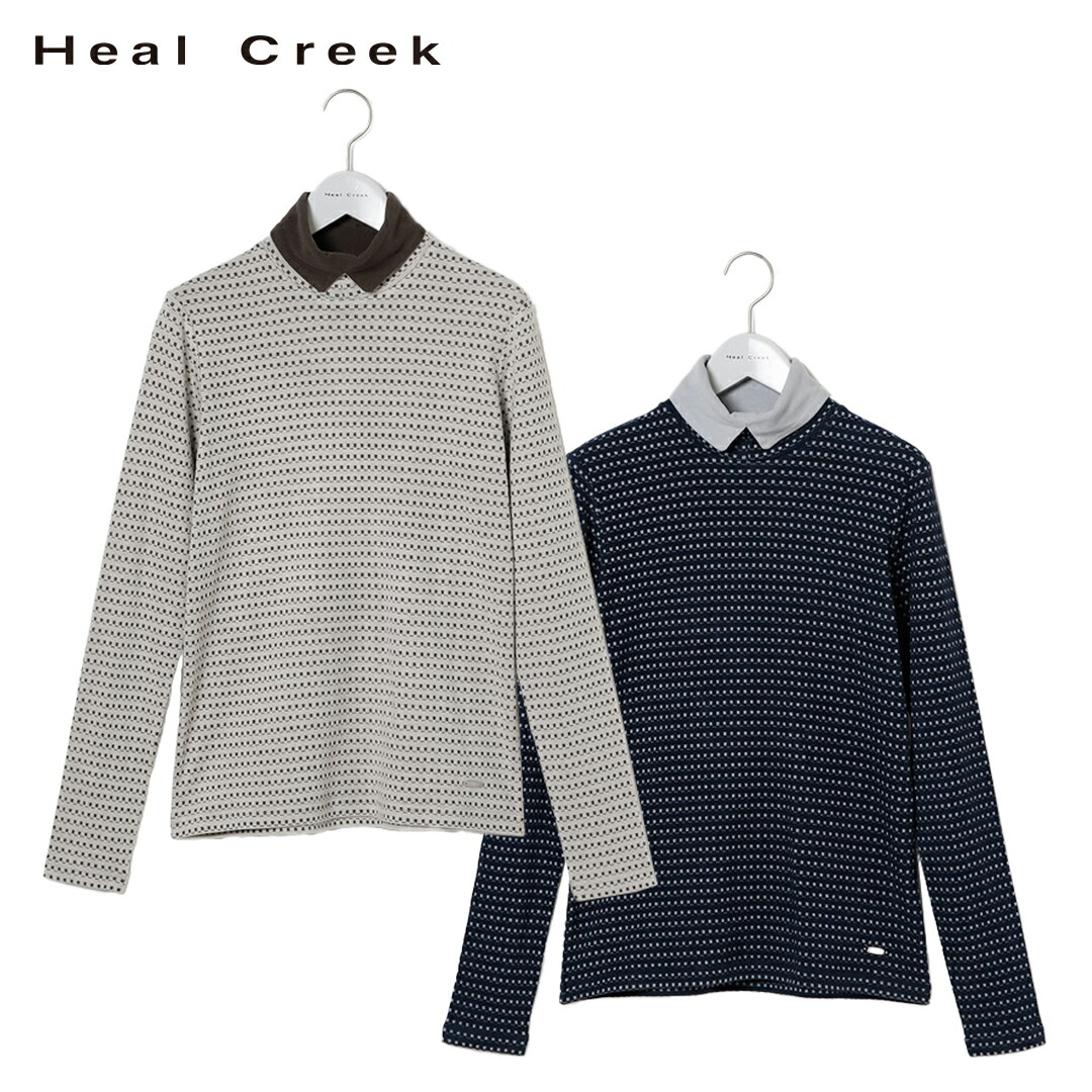 【50％OFFセール】Heal Creek シャツ 長袖 ハイネック 2WAY ヒールクリーク ビスコースレーヨン アクリル エコ スクエア ドット 左前裾ロゴプレート レディース レディースウェア ゴルフ 高級 ゴルフウェア スポーツウェア アウトドア 秋冬 吸湿発熱 ベージュ ネイビー 40