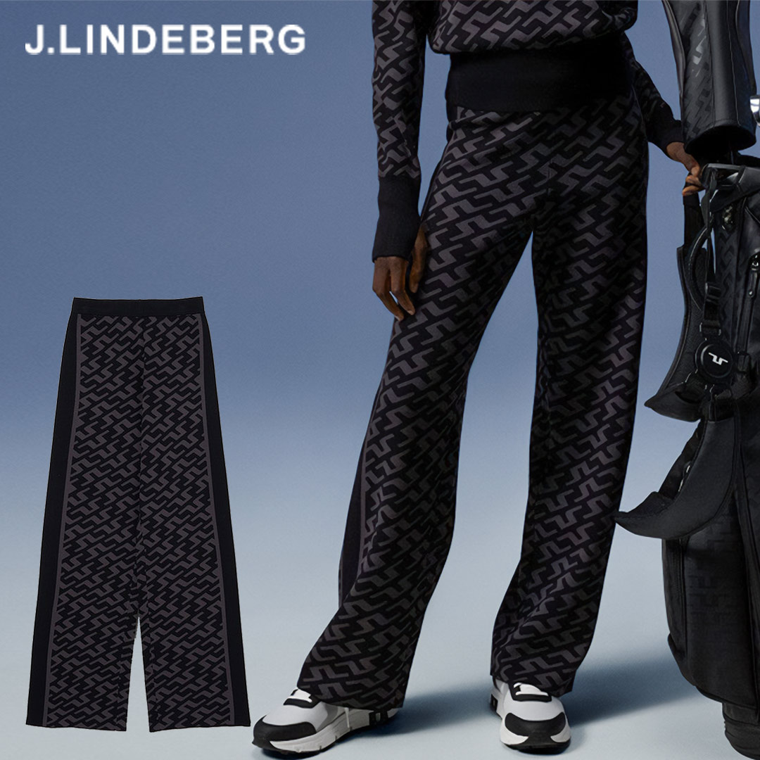 【50％OFFセール】J.LINDEBERG パンツ ズボン ロング丈 長ズボン ニットパンツ ジェイリンドバーグ ダブルニット ジャガード 総柄 ブリッジマーク ルーズシルエット レディース レディースウェア ゴルフ ゴルフウェア スポーツウェア アウトドア 秋冬 ブラック 36 38 40