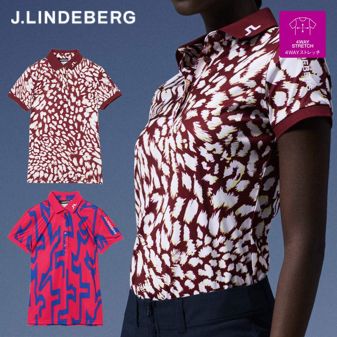 【50％OFFセール】J.LINDEBERG ポロシャツ 半袖 トップス ジェイリンドバーグ エコテックス生地 総柄 前立て ボタン ロゴ刺繍 レディース レディースウェア ゴルフ 高級 ゴルフウェア スポーツウェア アウトドア 秋冬 4wayストレッチ 速乾性 ボルドー ピンク 36 38 40