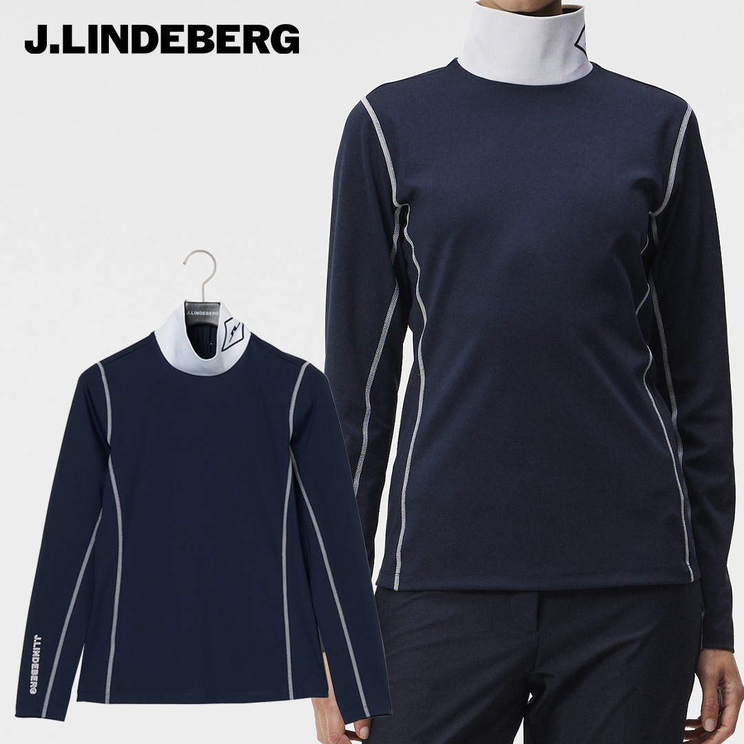 【50％OFFセール】J.LINDEBERG リブ襟ミッドレイヤー 長袖 ジャージ ジャケット ジェイリンドバーグ ジャガードロゴ シリコンロゴ ハーフジップ バイカラー レディース レディースウェア ゴルフ 高級 ゴルフウェア スポーツウェア アウトドア 秋冬 速乾性 防寒 ネイビー 36