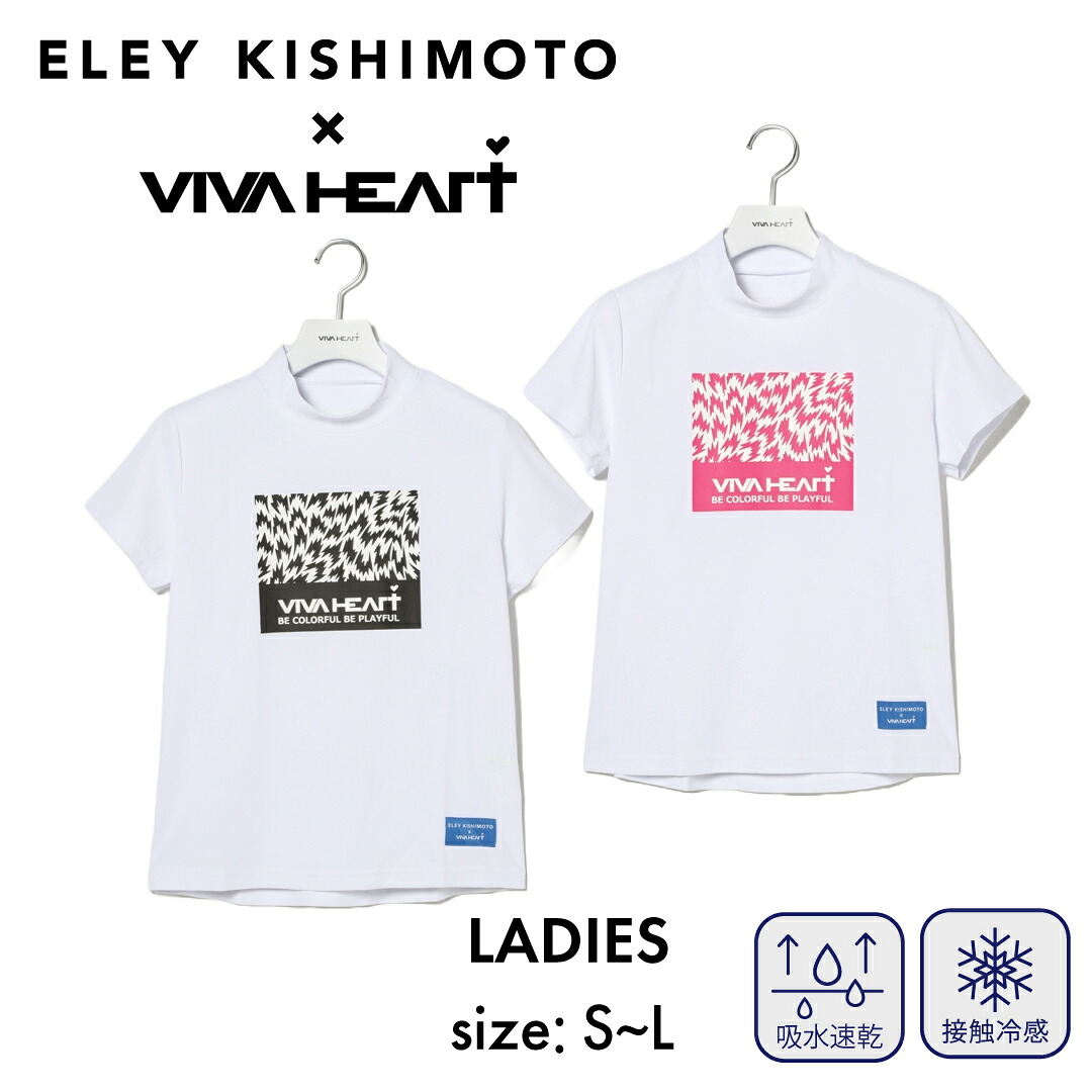 【2点購入で5％OFFクーポン対象】VIVA HEART×ELEY KISHIMOTO FLASH Tシャツ 半袖 コラボ モックネック レディース センターボックスロゴ 吸汗速乾 接触冷感 UVカット ゴルフ ゴルフウェア スポーツウェア S M L ブラック ピンク