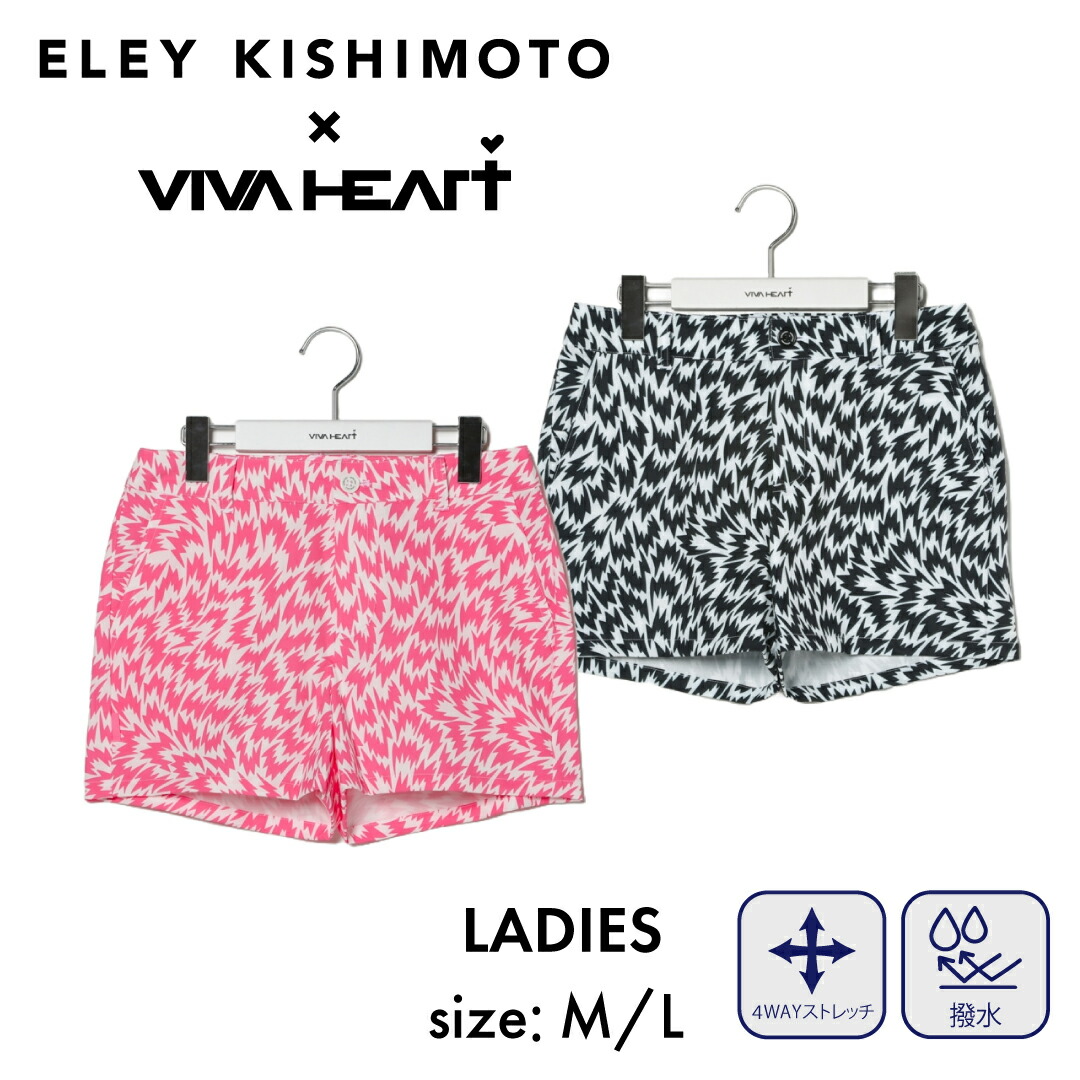 VIVA HEART×ELEY KISHIMOTO FLASH ショートパンツ ショーツ 総柄 レディース モード ゴルフ ゴルフウェア スポーツウェア 吸汗速乾 M L ブラック ピンク画像
