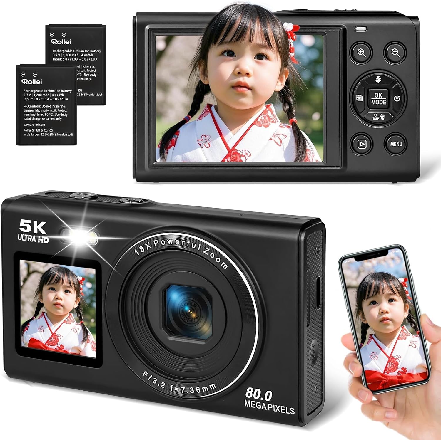 【百貨店SALE客体】 ディジカメ デジタル写真機 5K WIFI パウダーコンパクト 8000万絵素 コンパクトカメラ AFオート興味の中心 デジタル望遠レンズ webカメラ 2.8in大画面 AKM-253