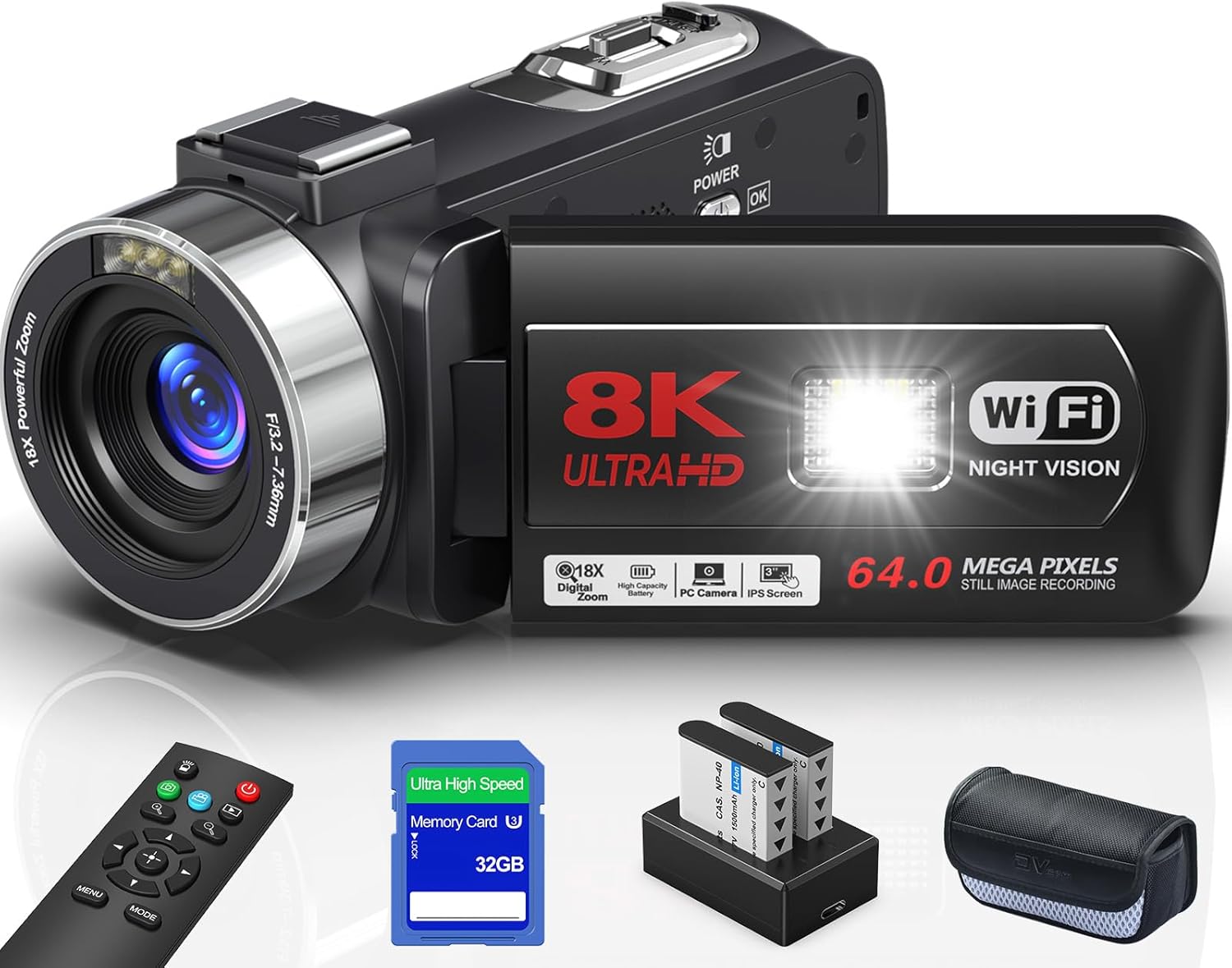 ビデオカメラ 8K デジタルカメラ 18 倍ズーム WIFI機能 32GB 64MP SD カード 付属 タッチスクリーン ウェブカメラ YouTubeカメラ BKM-01