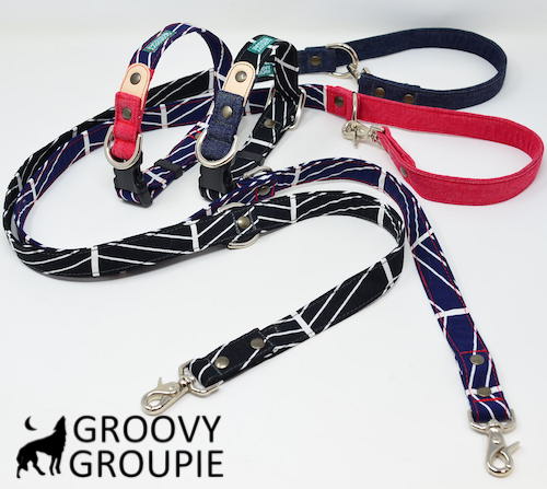 首輪 リード セット 犬 中型犬 Mサイズ 【 fish bone tree 】 ダブルリング ダブルDカン に変更可能【 リードセット ダブルナスカン ダブルグリップ に変更可能 】 コットン デニム レザー