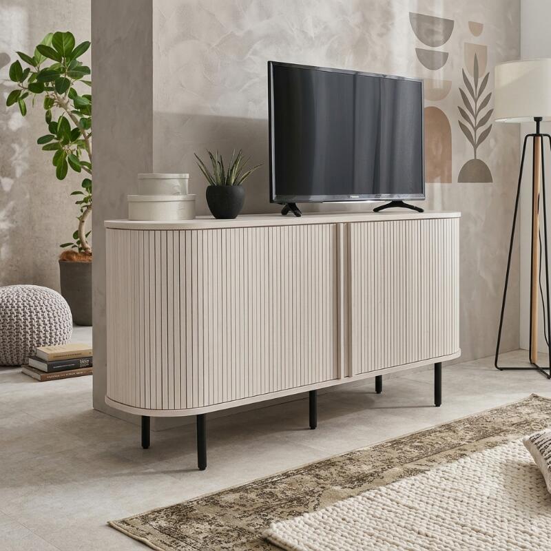 ROLL-137cm ハイタイプ テレビ台 テレビボードサイズ：幅137&times;奥行40.5&times;高さ67cm主素材：プリント紙化粧パーティクルボード幅137cm 幅140cm サイドボード キャビネット ブラウン ナチュラル ホワイト タンブール扉 インドネシア製 組立式 おしゃれ 北欧 ASST｜ｇｒｏｖｅ