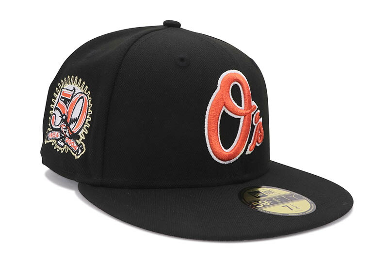 NEW ERA BALTIMORE ORIOLES 59FIFTY FITTED CAP (50TH ANNIVERSARY SIDE PATCH/GREY UNDER VISOR/BLACK) 14693482 ニューエラ/フィッテッドキャップ/MLB/ボルチモアオリオールズ/ブラック オレンジ/ツバ裏グレー