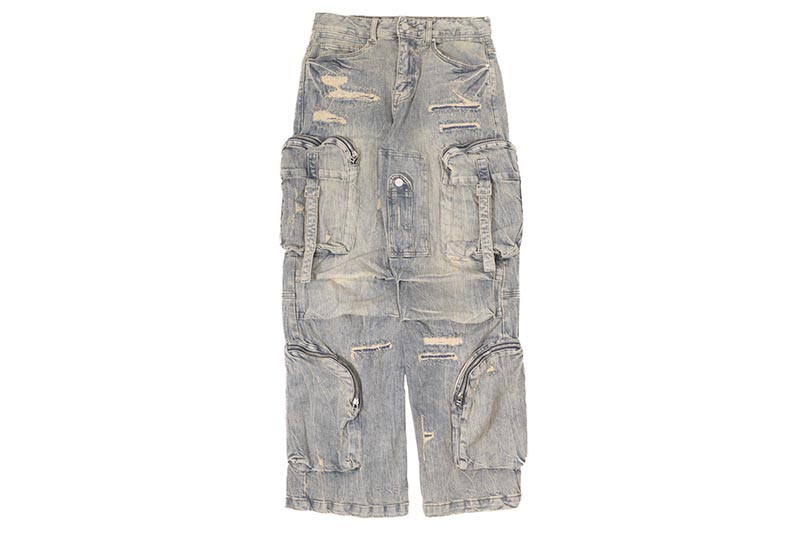 FIRST ROW WASHED MULTI CARGO DENIM Y2K PANTS (FRD3120:MEDIUM STONE TINT) ファースト・ロウ/デニムパンツ/ストーンミディアムストーンティント