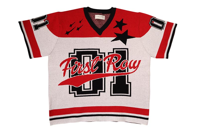 FIRST ROW STAR VARSITY JACQUARD KNIT TEE (FRW1003:RED) ファースト・ロウ/ショートスリーブティーシャツ/ジャガードニットクルーネック/レッド