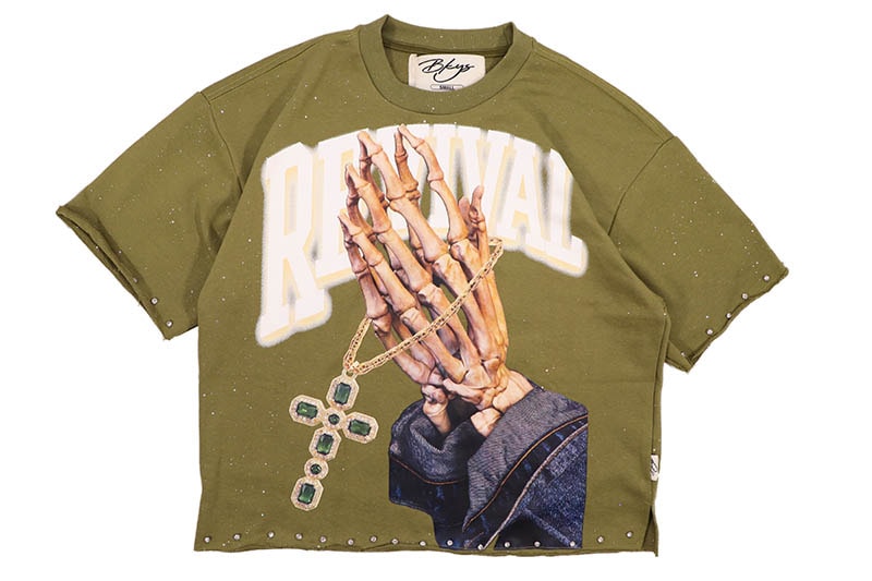 BKYS REVIVAL CROPPED TEE (T1280:OAK)ブラッキーズ/ストリートブランド/セレクト/ショートスリーブティーシャツ/ラインストーン/オリーブ グリーン オーク｜GROW AROUND グロウアラウンド 9,317円