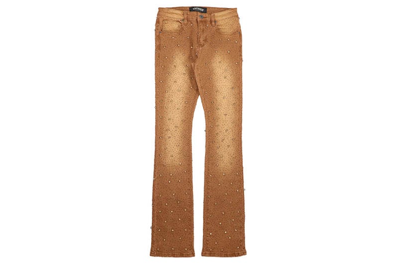 VICIOUS EMBELLISHED FLARE DENIM (VC510:BROWN) ヴィシャス/スタックドデニムパンツ/フレアパンツ/ブラウン