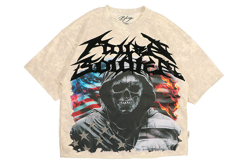 BKYS FALLEN SOLDIER WITH RHINESTONES CROPPED TOP TEE (T1331:WASHED OFF WHITE)ブラッキーズ/ストリートブランド/セレクト/ショートスリーブティーシャツ/ウォッシュドオフホワイト|GROW AROUND グロウアラウンド