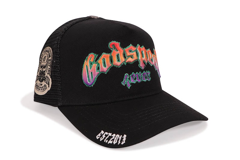 GODSPEED GS FOREVER TRUCKER HAT (HAWAIIAN)ゴッドスピード ニューヨーク/メッシュトラッカーキャップ/アジャスターキャップ/ブラック ハワイアン｜GROW AROUND グロウアラウンド