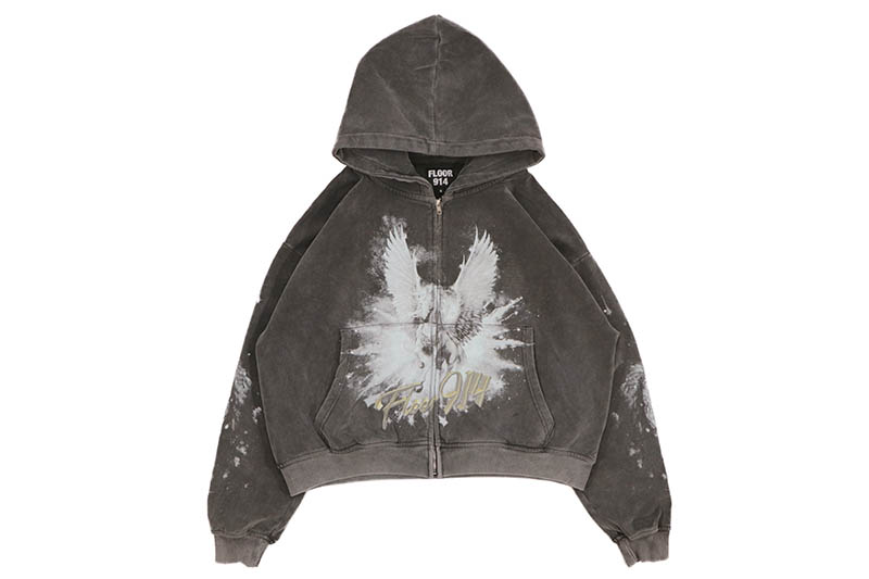 FLOOR 914 WING ZIP HOODIE (BLACK WASH) フロアー・ナインハンドレッドフォーティーン/ジップアップフーディー/ブラックウォッシュ