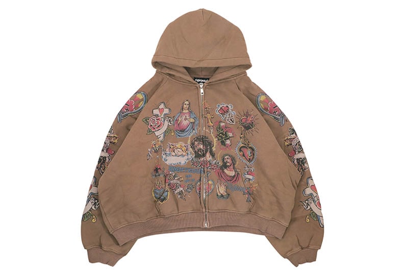 WE ARE RIGHTEOUS RISEN KING CROPPED ZIP-UP HOODIE (BROWN) ウィーアーライシャス/ニューヨーク/ドリル/ジップアップフーディー/ブラウン