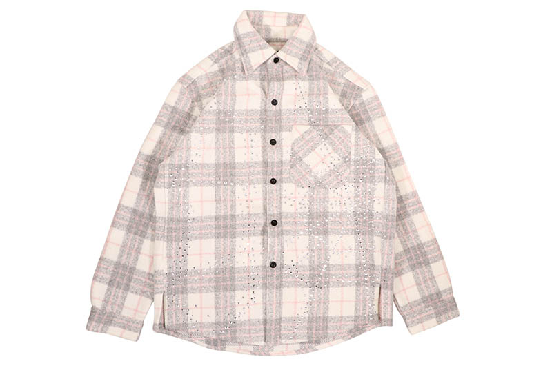 ROKU STUDIO RHINESTONES HEAVY FLANNEL SHIRT (RK6481816:HEATHER GREY/PINK) ロクスタジオ/ラインストーン/ロングスリーブシャツ/ヘザーグレー ピンク
