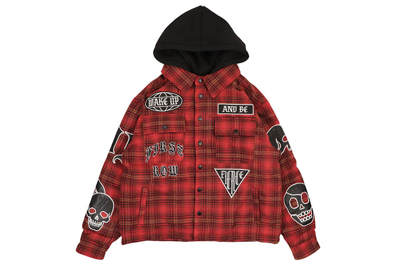 FIRST ROW WAKE UP AND BE FIERCE HOOD SHACKET (FRJ2102:BLACK/RED) ファースト・ロウ/シャツジャケット/ブラック レッド