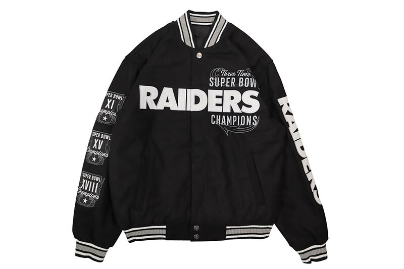 JH DESIGN LAS VEGAS RAIDERS COMMEMORATIVE JACKET (RAI103CMM3:BLACK) ジェイエイチデザイン/バーシティージャケット/ラスベガスレイダース/ブラック/リバーシブルタイプ