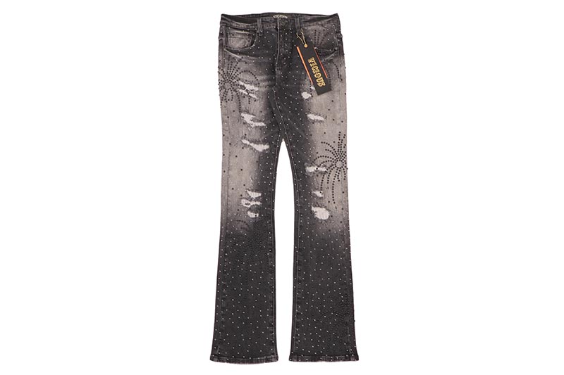 VICIOUS RHINESTONE STACKED JEAN (VC1005:BLACK) ヴィシャス/スタックドデニムパンツ/フレアパンツ/ラインストーン/ブラック