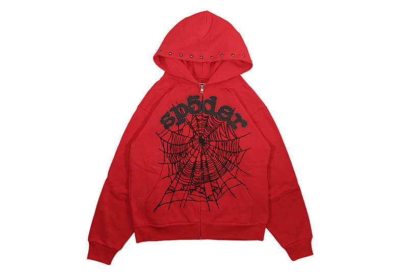 SP5DER OG WEB STUDDED ZIP HOODIE (RED)スパイダー/アトランタ/ニューヨーク/ドリル/トラップ/ヤングサグ/ジップアップフーディー/レッド｜GROW AROUND グロウアラウンド