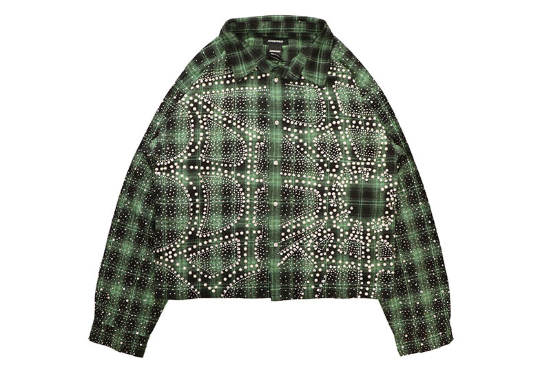KINDRED STUDDED PLAID CROPPED SHIRT JACKET (KD244T:GREEN) カインドレッド/ロングスリーブシャツジャケット/グリーン スタッズ