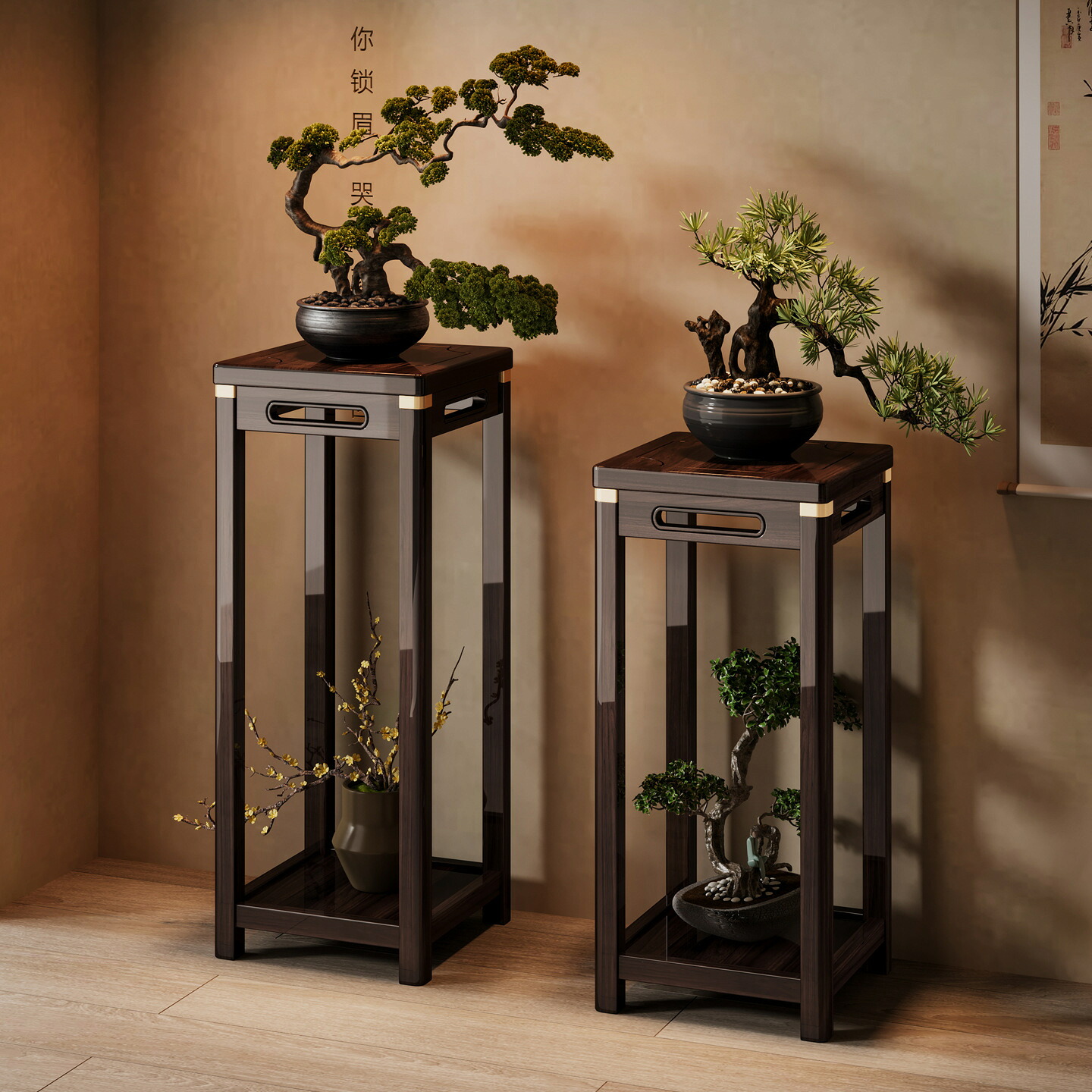 新中式風の花棚、バルコニー置き台、収納棚、リビングルーム用の落地式鉢収納ラック、花瓶アレンジメント、花台スタンド|グロースショップ