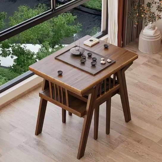 バルコニー用テーブルと椅子セット(実木製茶テーブル、リラックスチェア付き) 家庭用ティーテーブル 小型住宅向け 1台のテーブルと2脚の椅子
