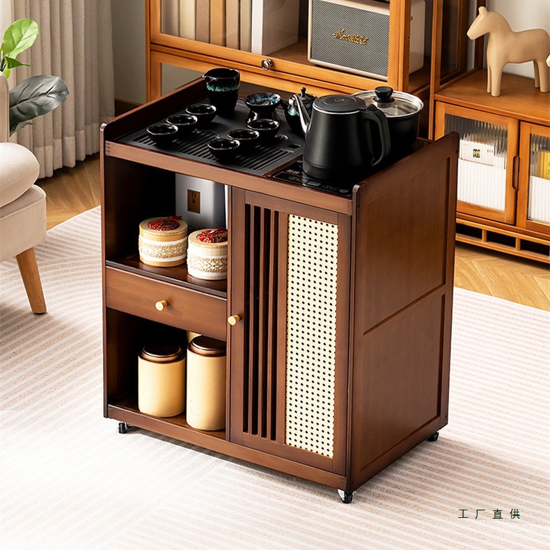 【天然木使用】茶台 移動式 茶机 キャスター付き 自動給水 ティーワゴン ポット一体型 茶道具 収納 [和モダン サーバーラック キッチンワゴン サイドテーブル リビング オフィス 応接室 おしゃれ ブラウン]｜グロースショップ