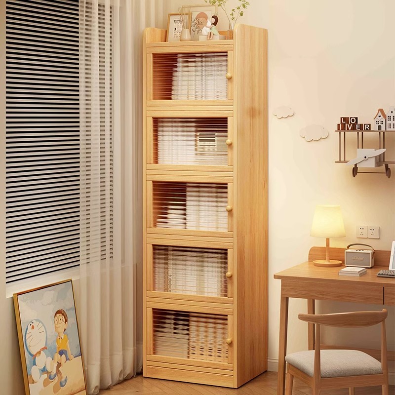 書棚 本棚 スリム 扉付き 完成品 大容量 おしゃれ 防塵 木製 シェルフ 幅30-60cm (無垢材/ナチュラル/ホワイト) [ブックシェルフ 収納棚 キャビネット 隙間収納 リビング収納 漫画 文庫本 雑誌 ランドリーラック 北欧 モダン]